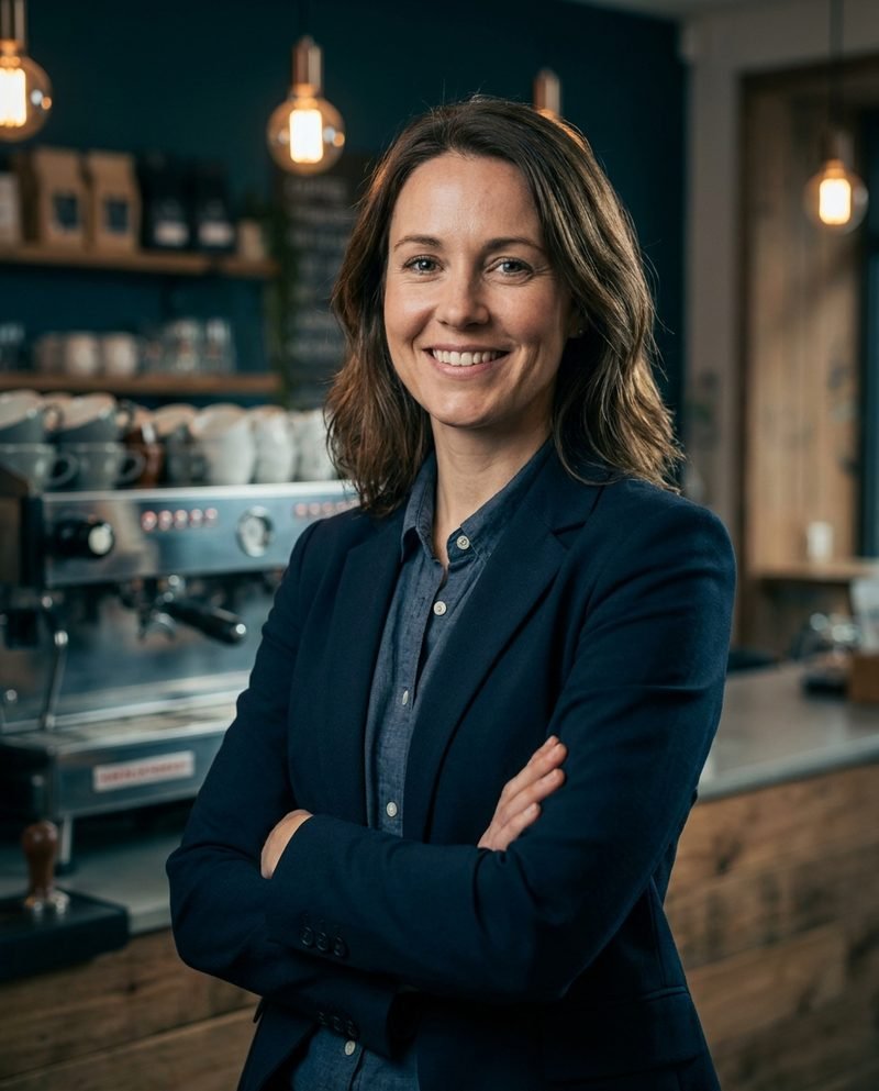 Confident Australian cafe owner standing in her cafe