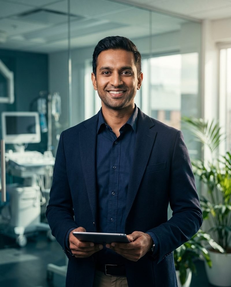 Australian healthcare technology founder holding a tablet in a clinic