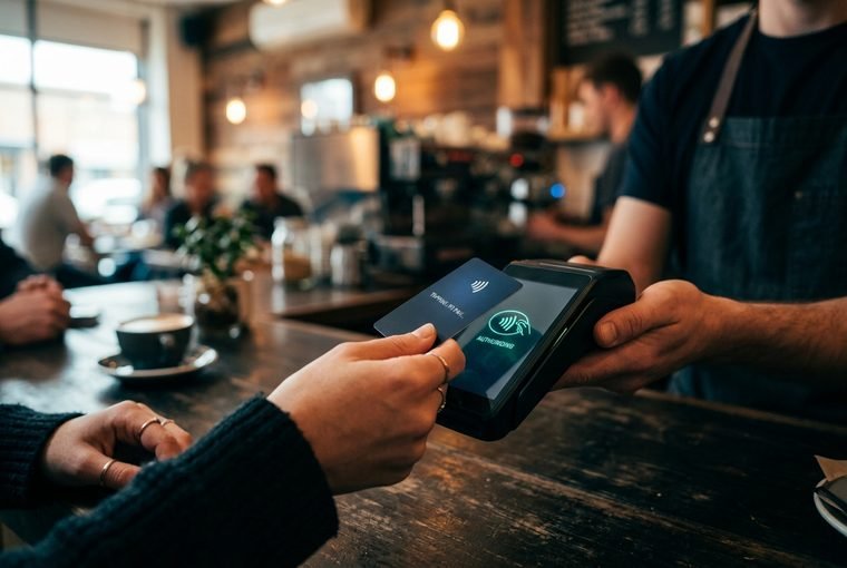 Customer tapping a card on an EFTPOS payment terminal