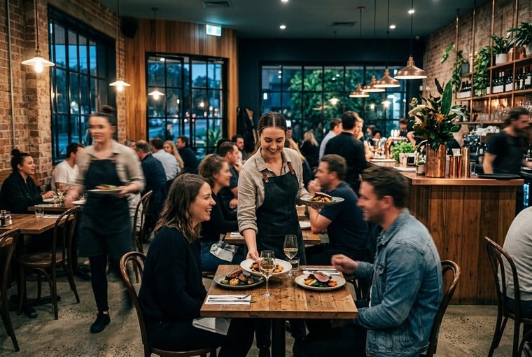 Warm modern Australian restaurant with staff serving diners