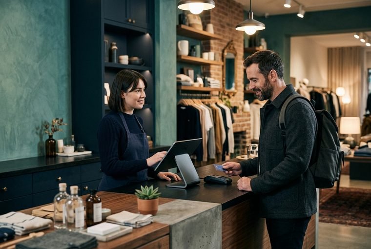 Retail point-of-sale terminal at a shop counter